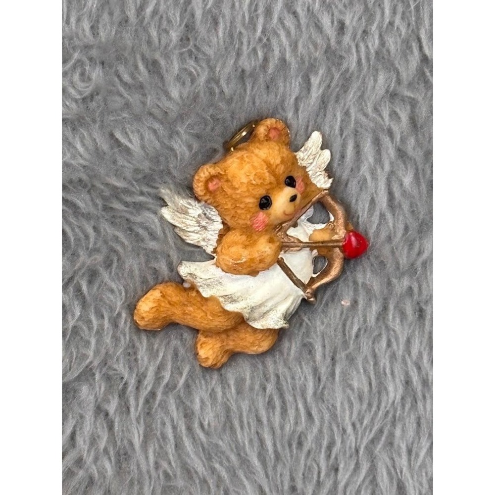 Vintage Cupid Teddy Bear Angel Pin Valentine Heart Bow Arrow Gold Halo Brooch